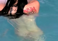 Fat bore tranny plays with say no to massive cock in pool and cums