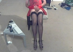 peppery groping dress, stockings, heels, wank coupled with spunk