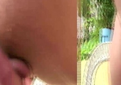 Tongues shemale strokes her ladystick close to fruit juice outdoors