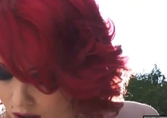 Brunette lady-man Tiffany Starr drilled busty redhead tranny